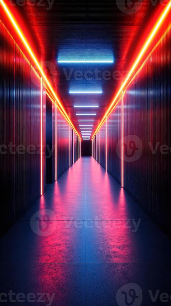 Glowing hallway with vibrant neon lights creating a modern and futuristic atmosphere photo