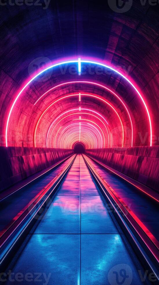 Vibrant neon tunnel with glowing circles and reflective floor at night, creating an immersive atmosphere photo