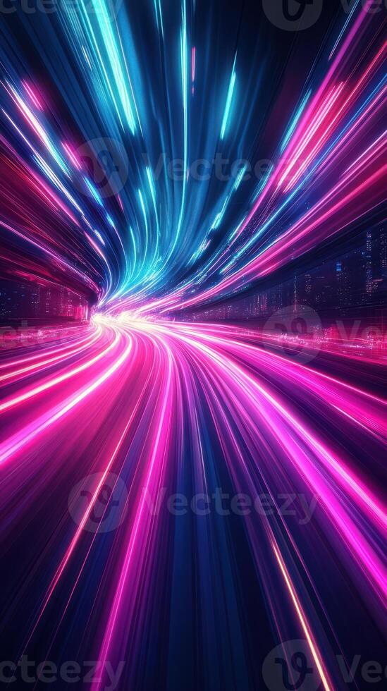 Colorful neon light trails create a dynamic and vibrant cityscape at night photo