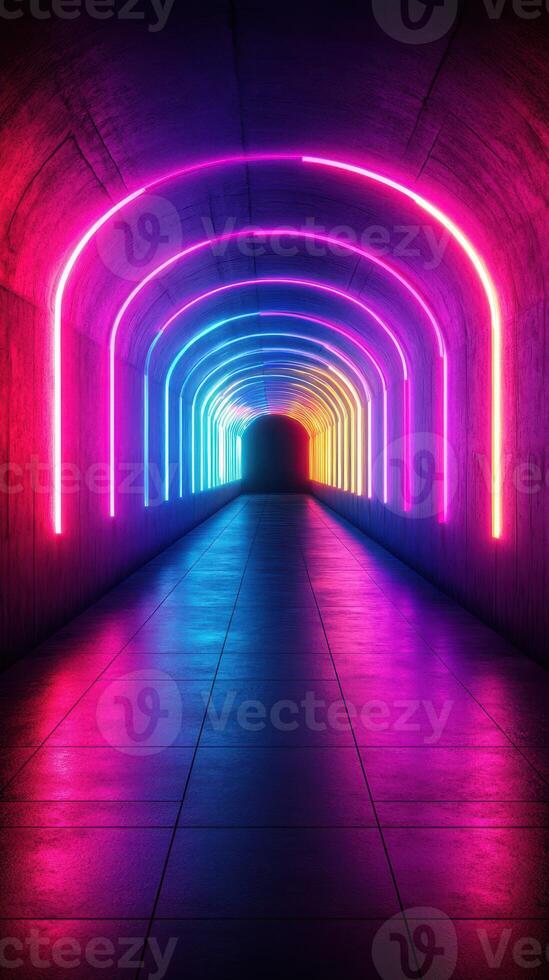 Colorful neon lights illuminate a tunnel creating a captivating and vibrant atmosphere at night photo