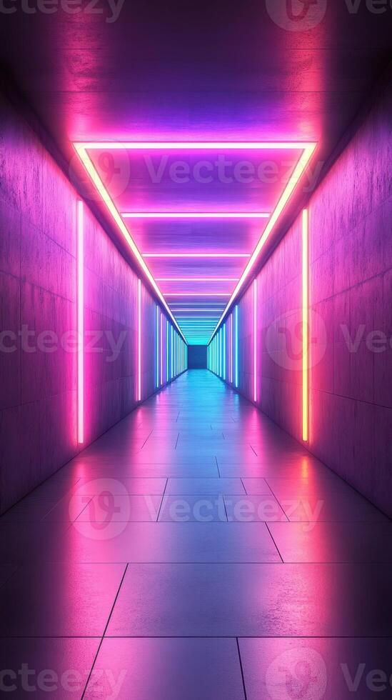 Vibrant neon corridor with glowing lights creating a captivating atmosphere in a modern architectural space photo