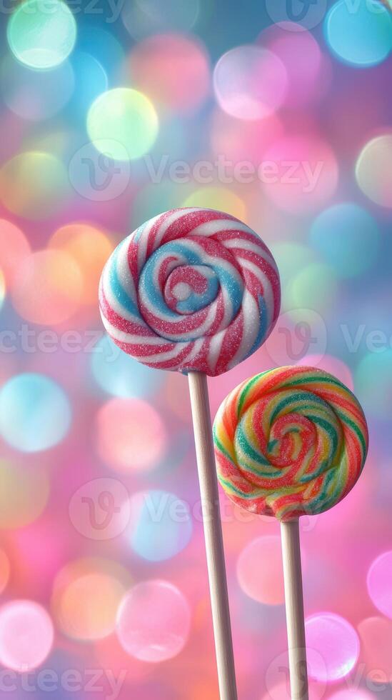 Colorful lollipops against a vibrant bokeh background in a sweet and playful setting photo