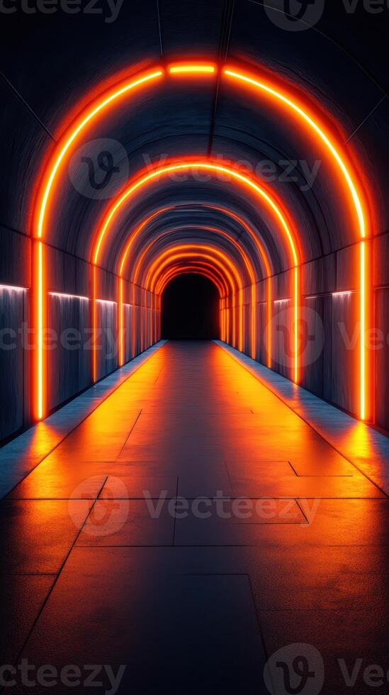 Dramatic illuminated tunnel with neon lights creating a vibrant atmosphere at night photo