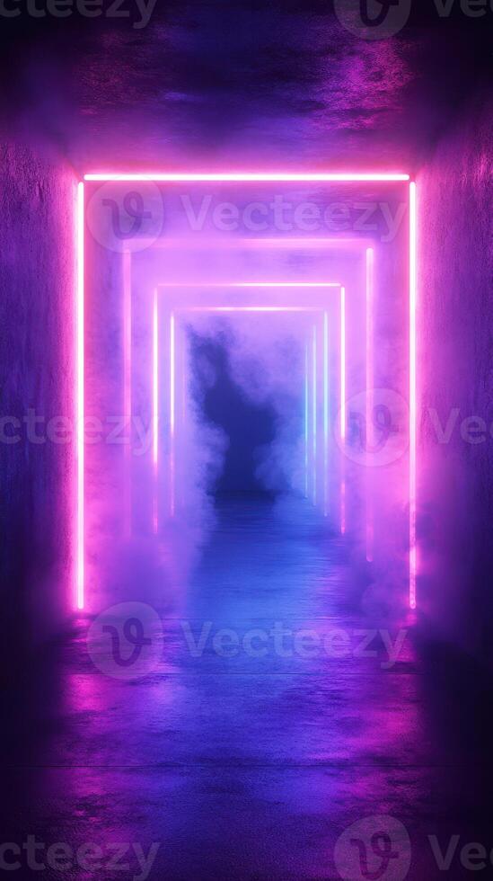 Colorful neon lights illuminate a foggy corridor creating a surreal atmosphere in a modern urban setting photo