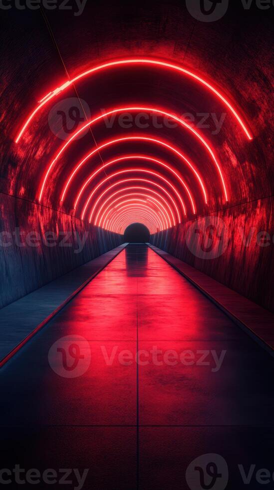 Stunning tunnel illuminated by striking red neon lights at night, creating a vibrant atmosphere for exploration photo