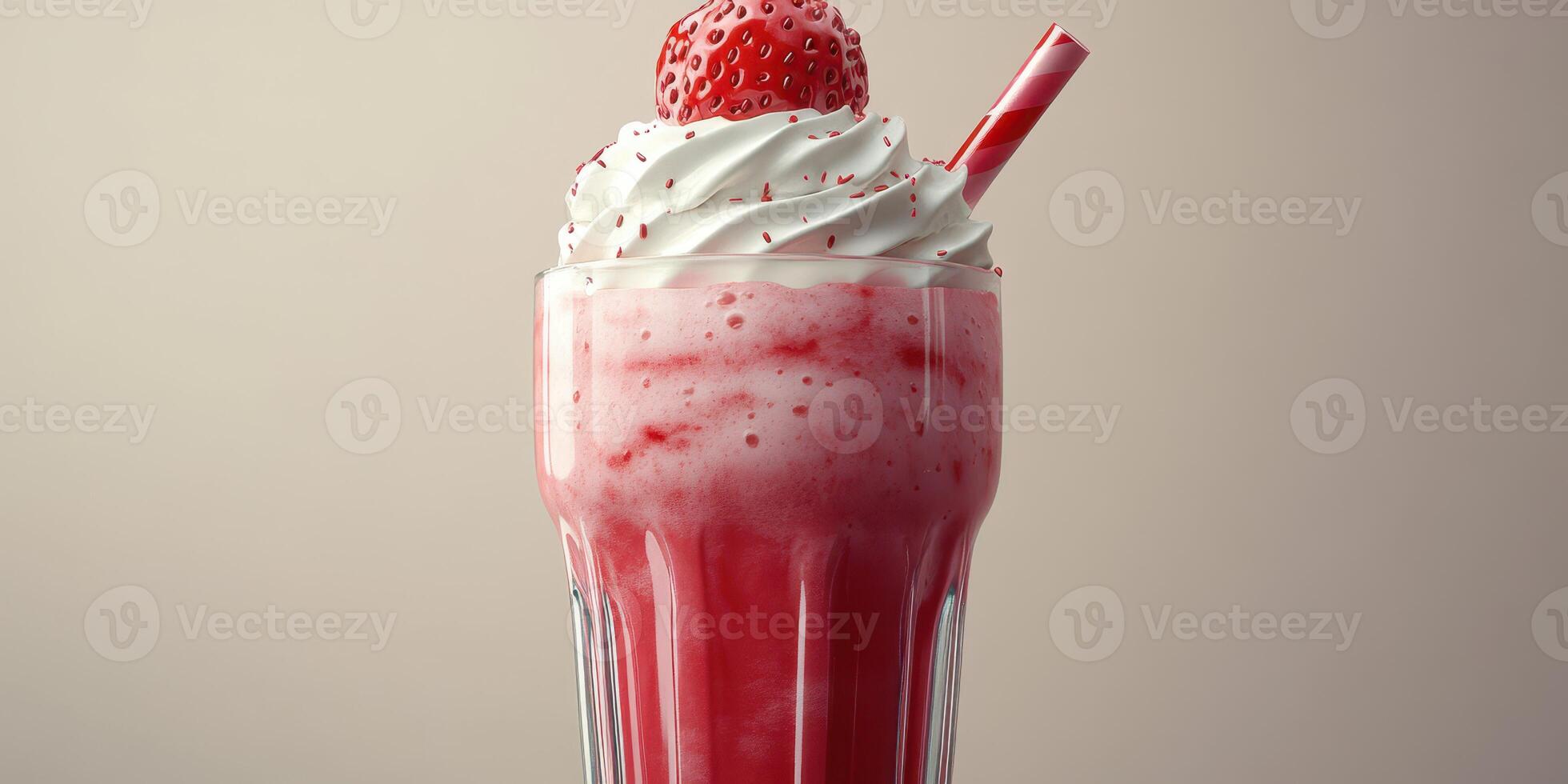 Creamy strawberry milkshake topped with whipped cream and a cherry served in a tall glass with a straw photo