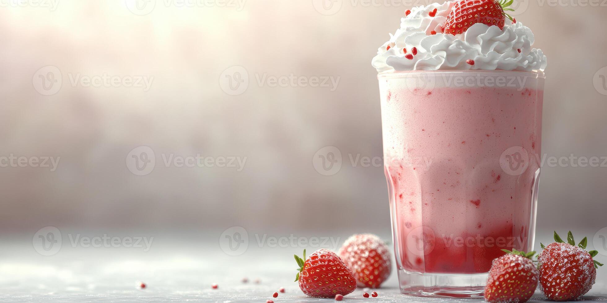 Delicious strawberry milkshake topped with whipped cream and fresh strawberries at a cafe setting photo