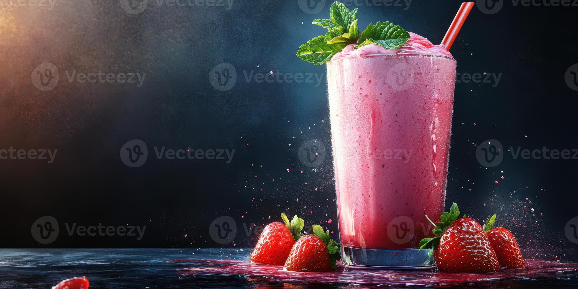 Refreshing strawberry smoothie served in a tall glass with mint and fresh strawberries photo