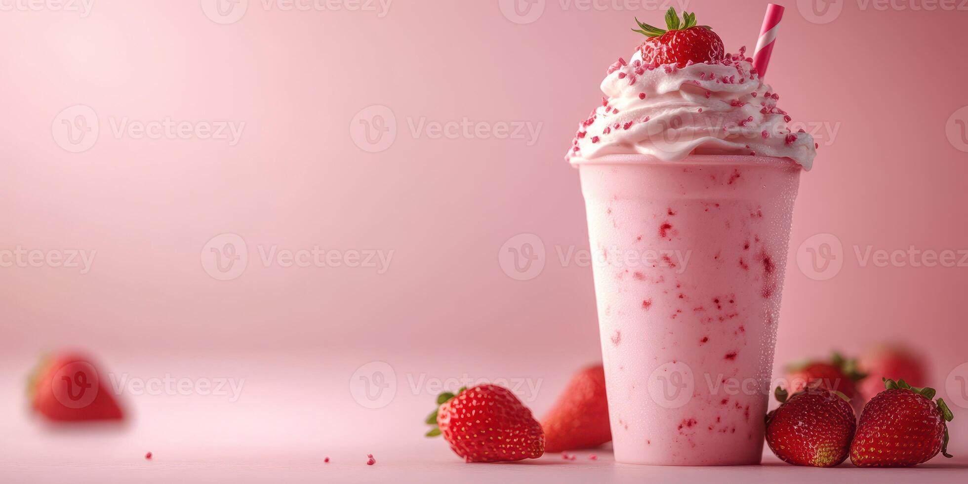 Strawberry milkshake topped with whipped cream and fresh strawberries in a bright and colorful setting photo