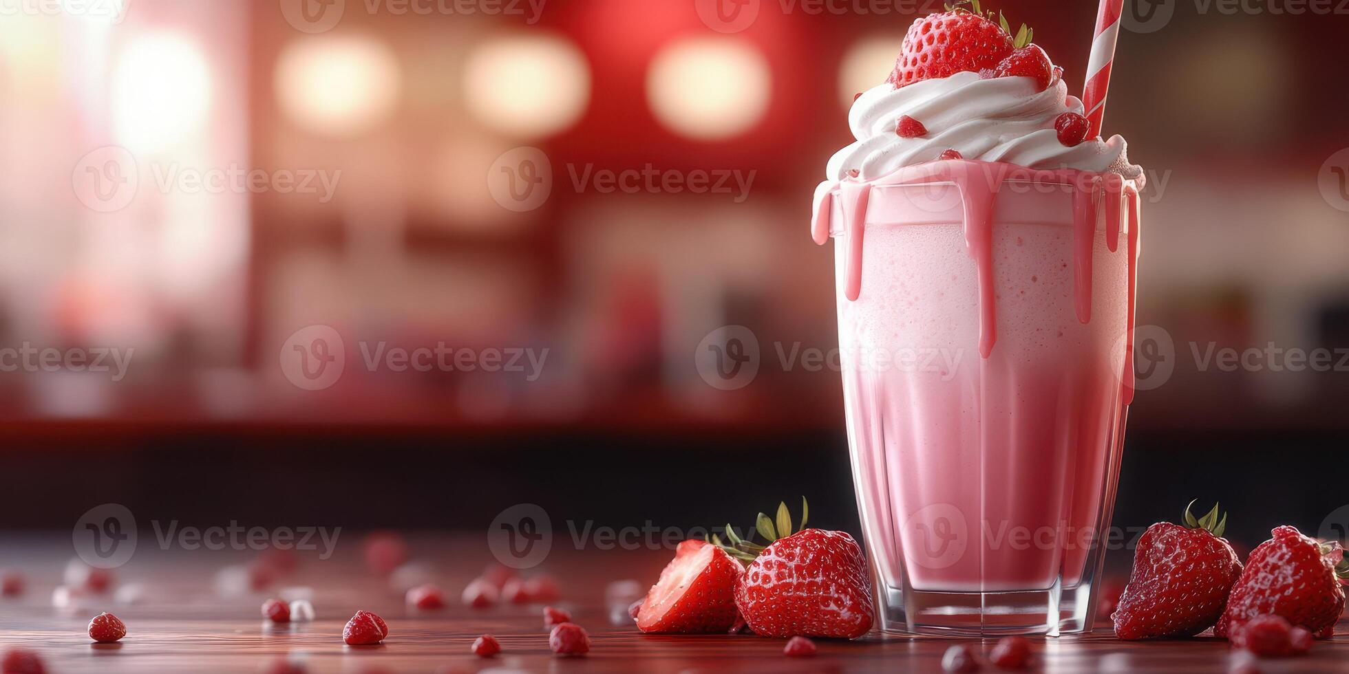 Delicious strawberry milkshake with whipped cream and fresh strawberries served in a glass cup photo