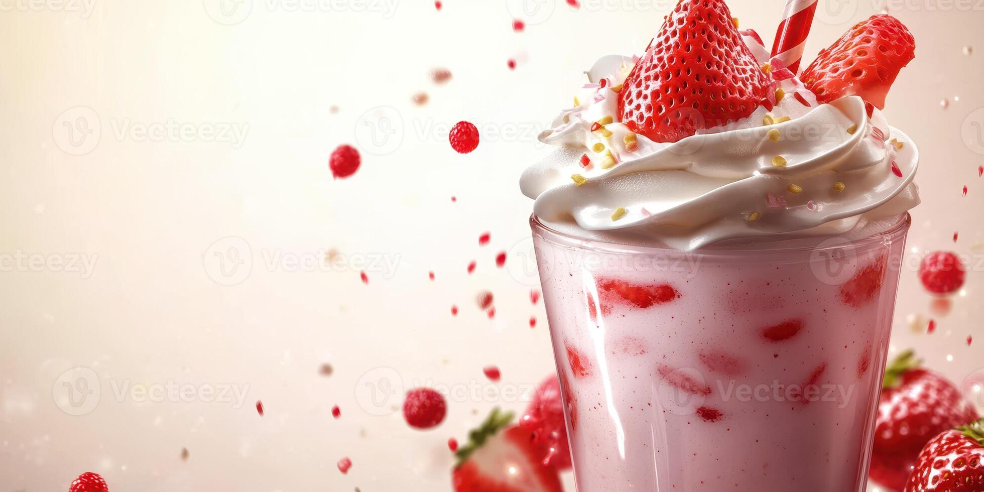 Delightful strawberry milkshake topped with whipped cream and fresh strawberries on a light background photo