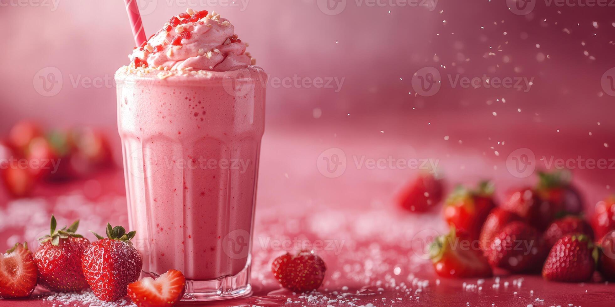 Refreshing strawberry milkshake served with whipped cream and fresh strawberries on a vibrant red background photo
