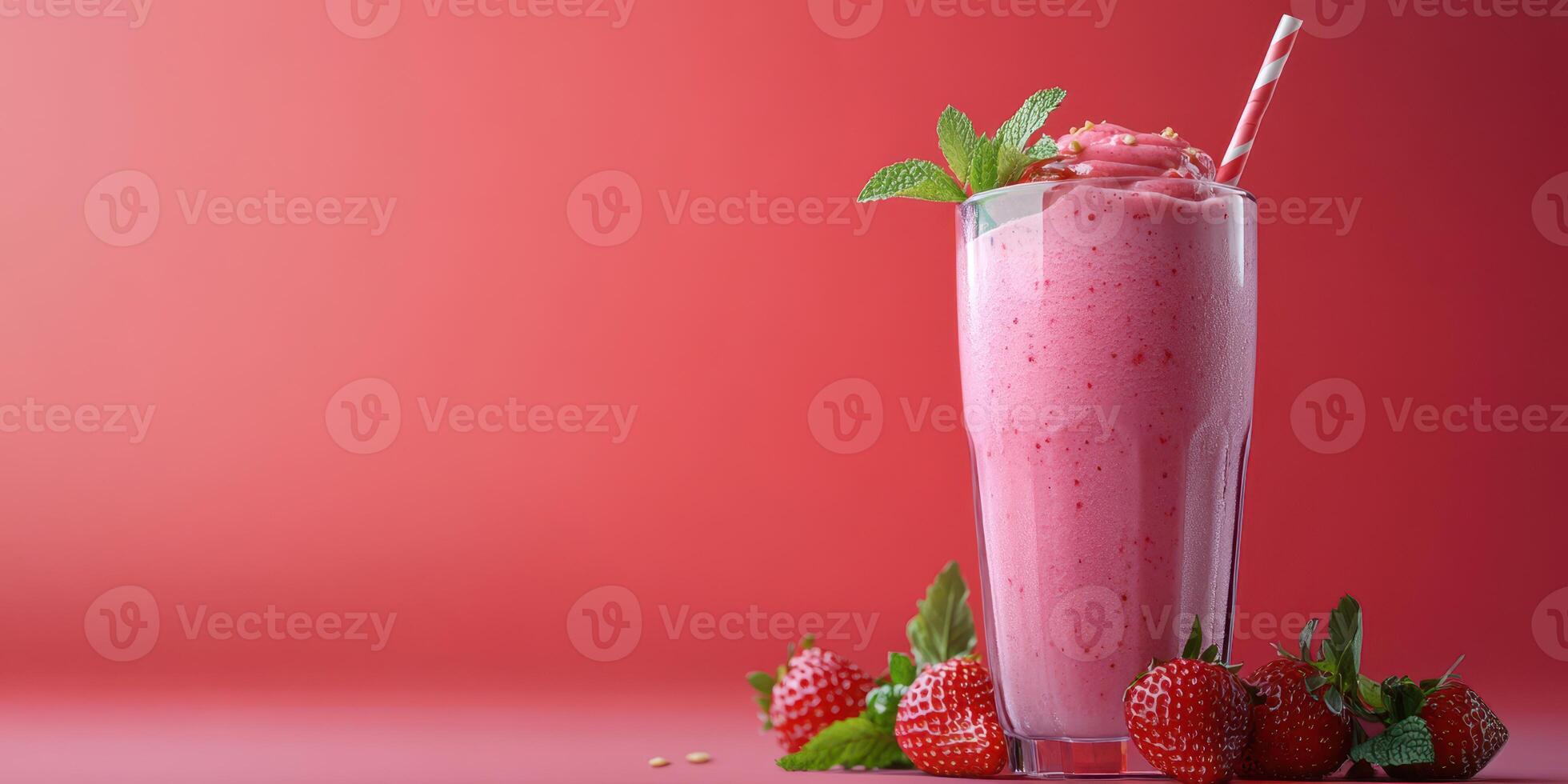 Delicious strawberry smoothie with fresh mint garnishing served in a tall glass on a vibrant red background photo