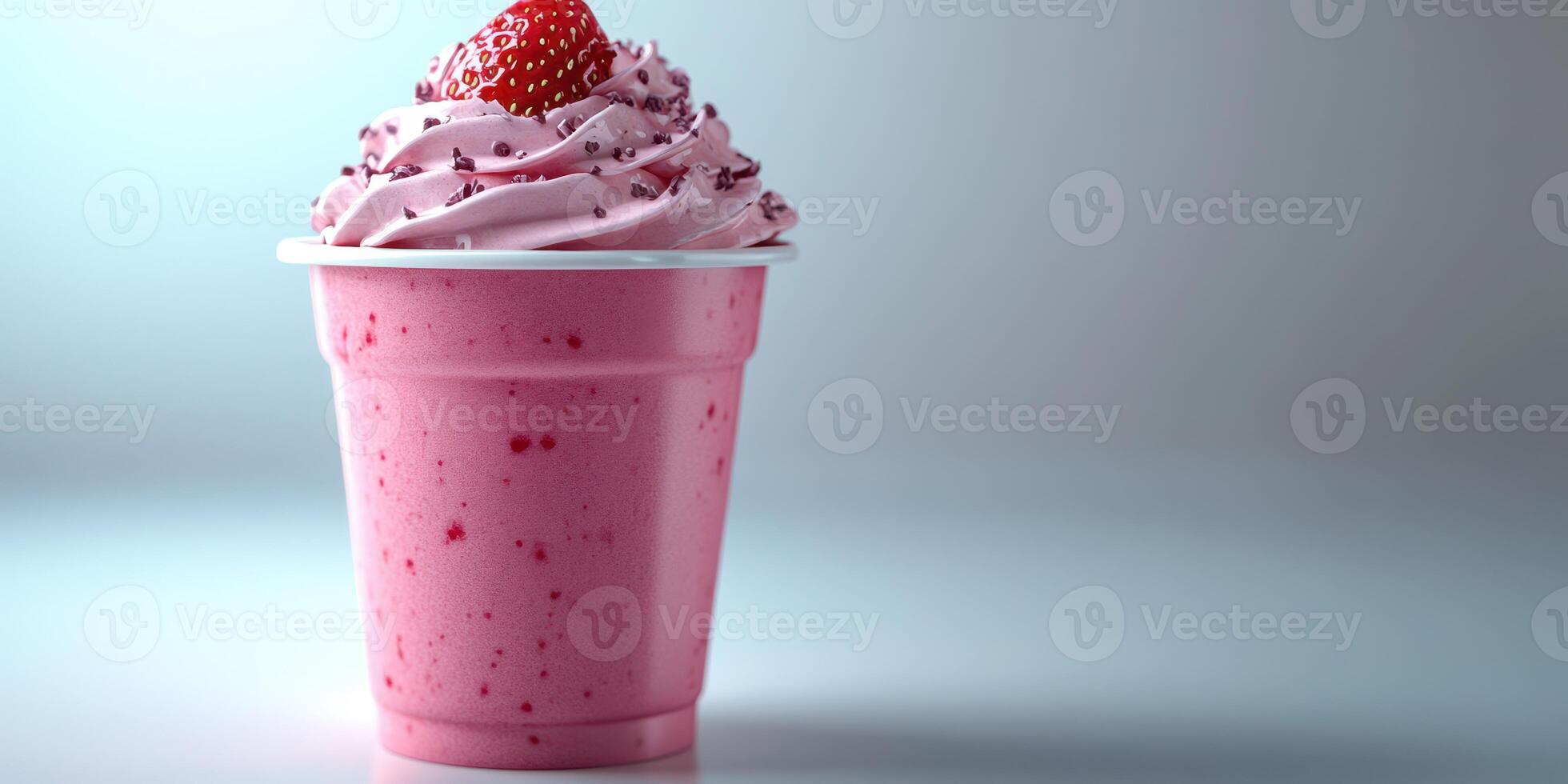 Delicious strawberry milkshake topped with whipped cream and a cherry in a cup on a clean surface photo