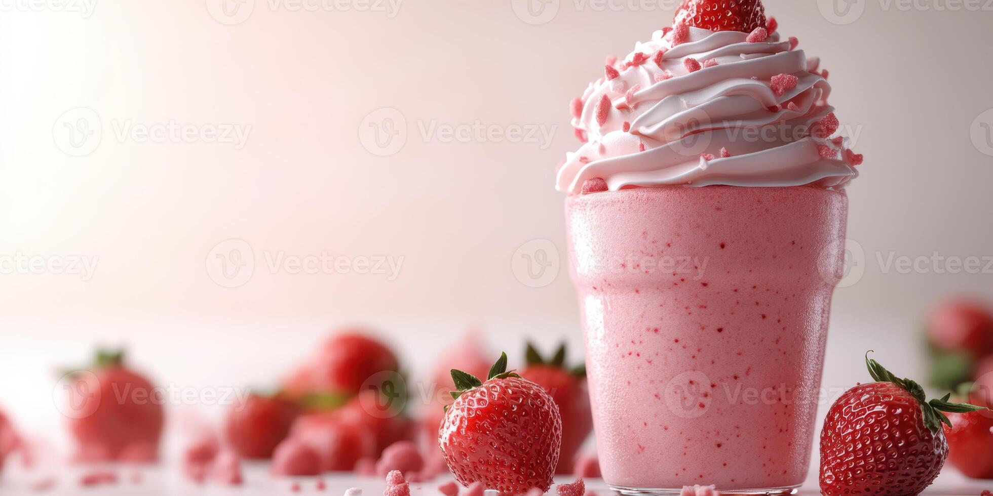 Delicious strawberry milkshake with whipped cream and fresh strawberries on a light background photo