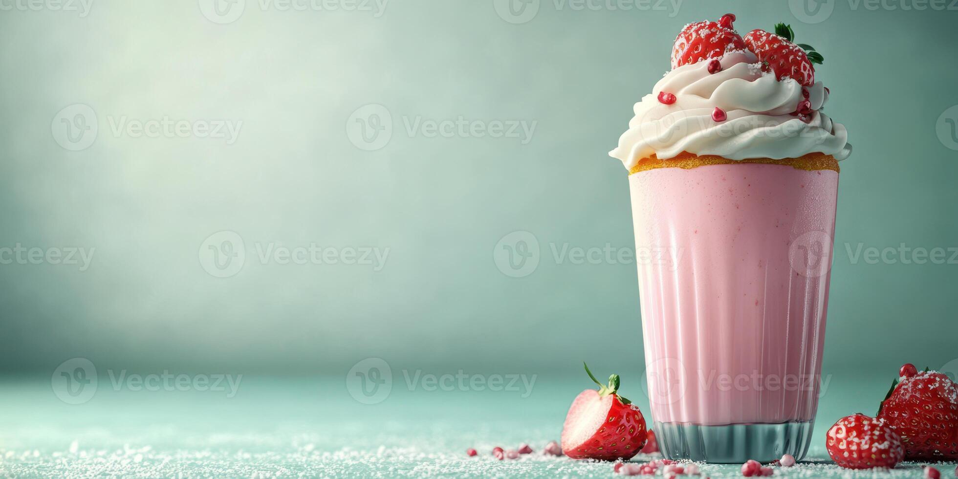 Delicious strawberry milkshake topped with whipped cream and fresh strawberries in a glass cup photo