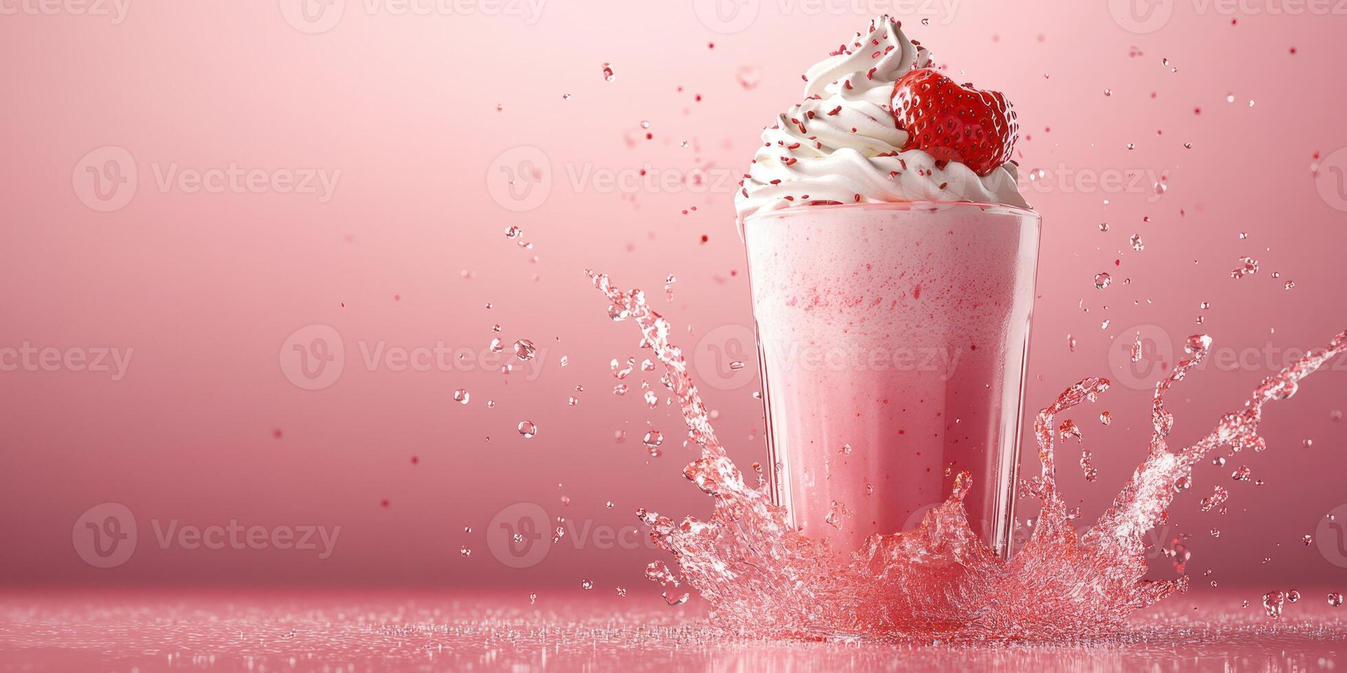 Refreshing pink milkshake with whipped cream and raspberry splashes in a playful setting photo