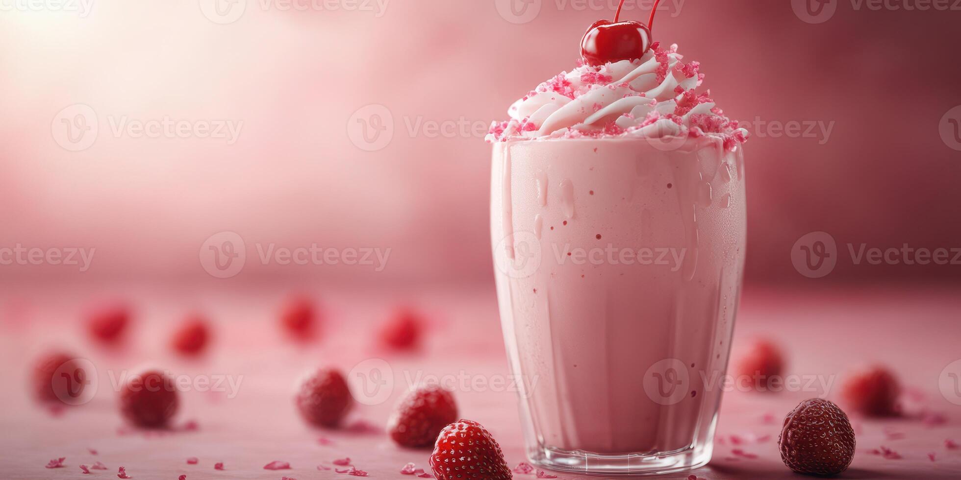 Refreshing raspberry milkshake topped with whipped cream and cherry on a vibrant pink background photo