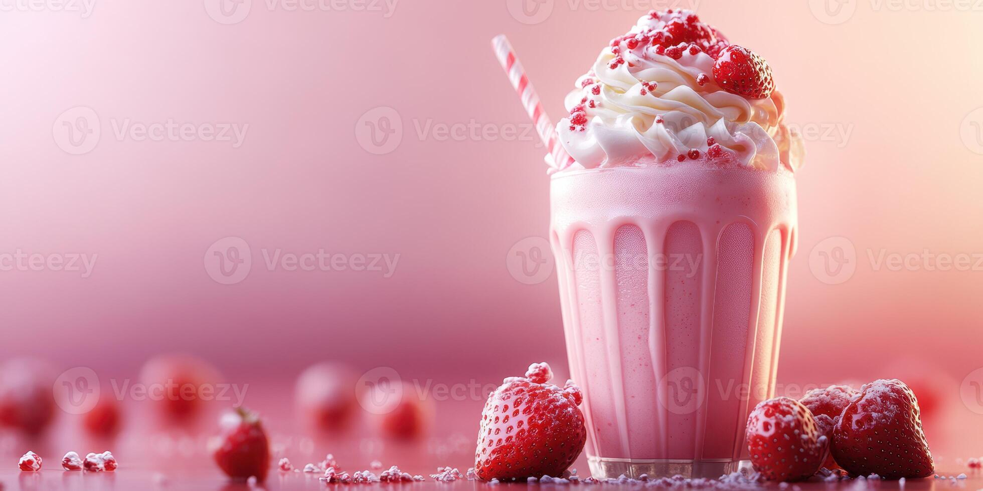 Delicious strawberry milkshake topped with whipped cream and fresh strawberries in a vibrant setting photo