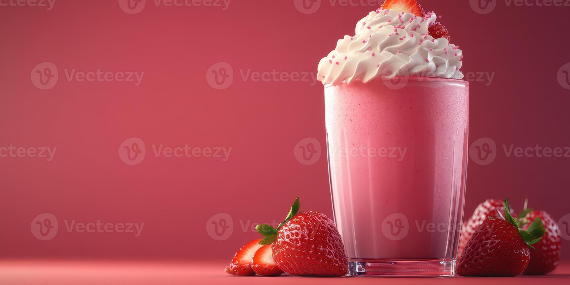 Delicious strawberry milkshake with whipped cream and fresh strawberries on a pink background photo