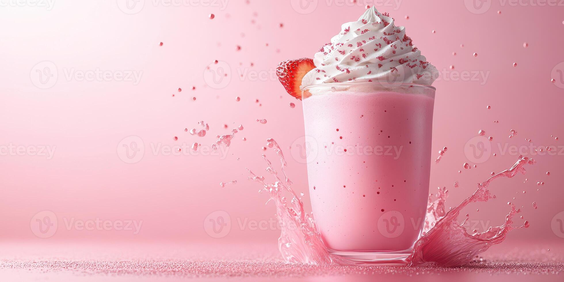 Delicious pink strawberry milkshake with whipped cream and sprinkles splashing on a pink background photo