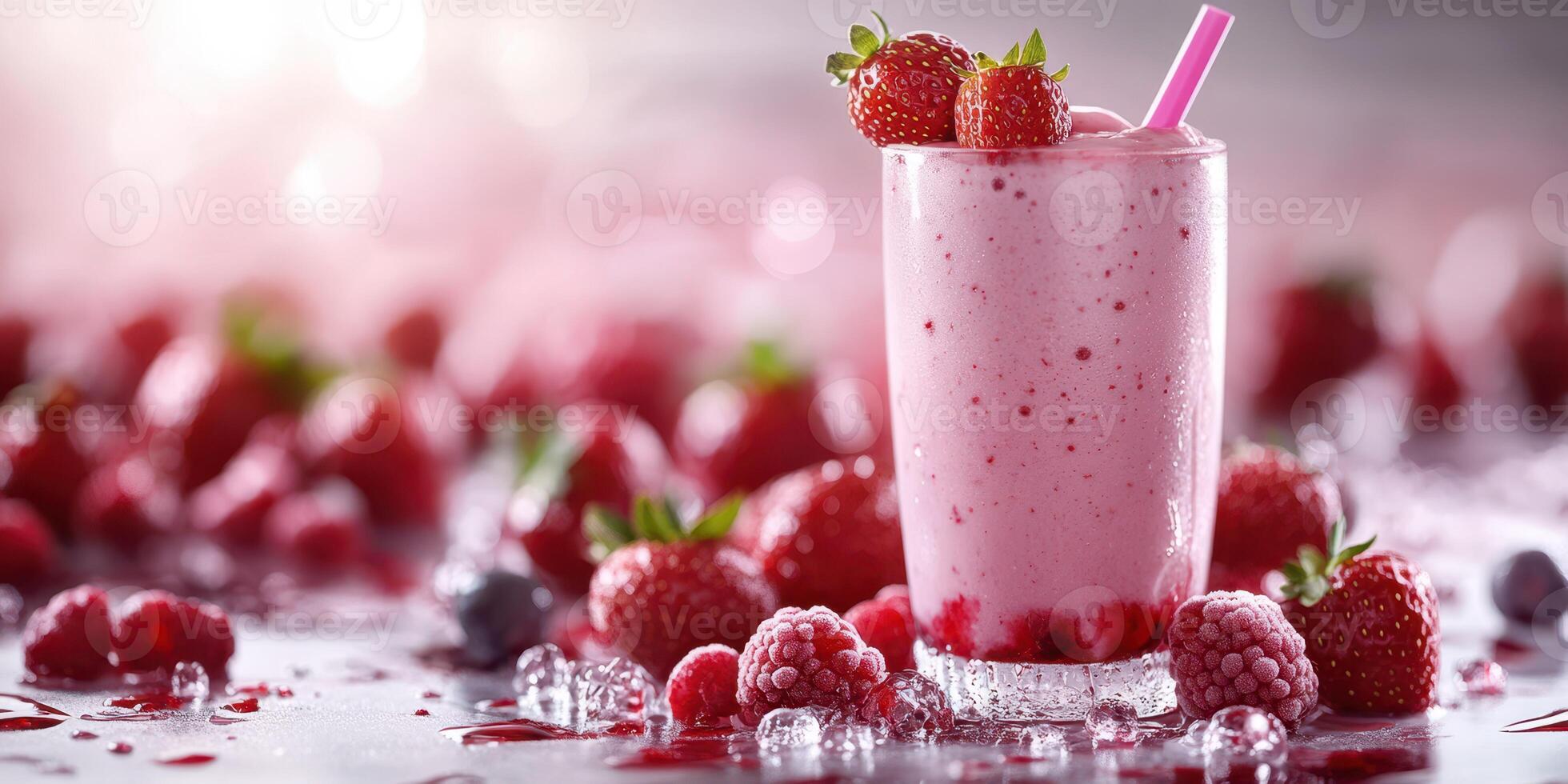 Delicious berry smoothie made with fresh strawberries and raspberries on a vibrant background photo