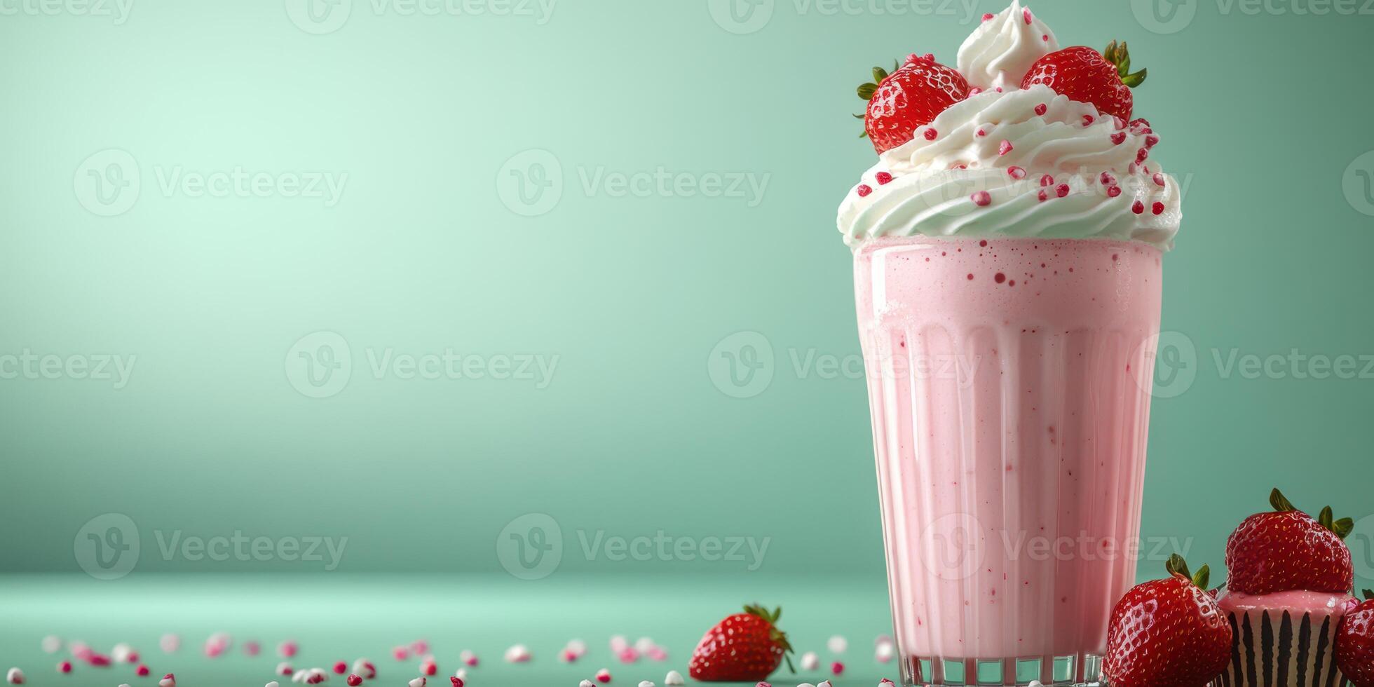 Delicious strawberry milkshake topped with whipped cream and fresh strawberries on a mint green background photo