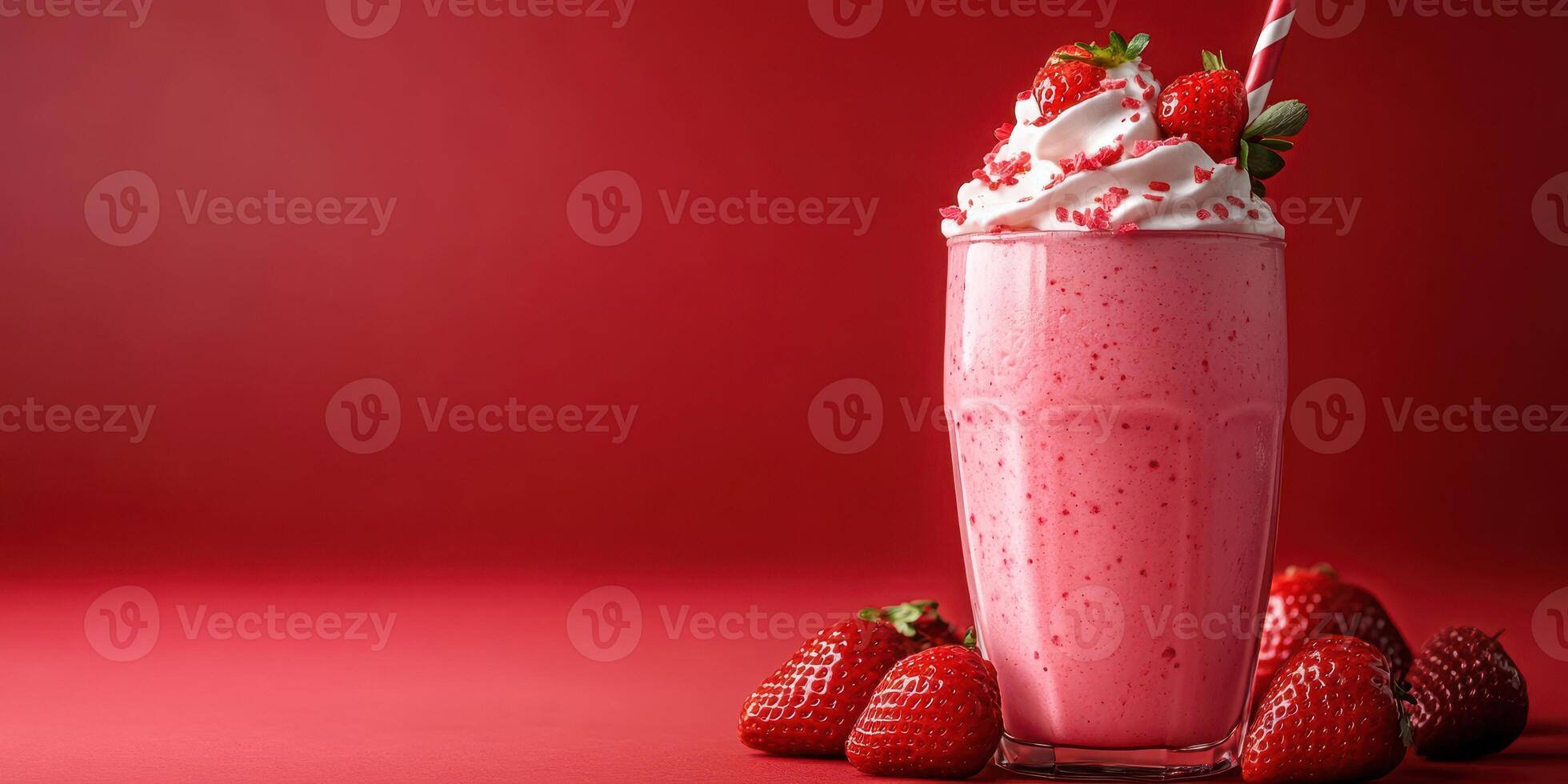 Delicious strawberry milkshake topped with whipped cream and strawberries on a vibrant red background photo