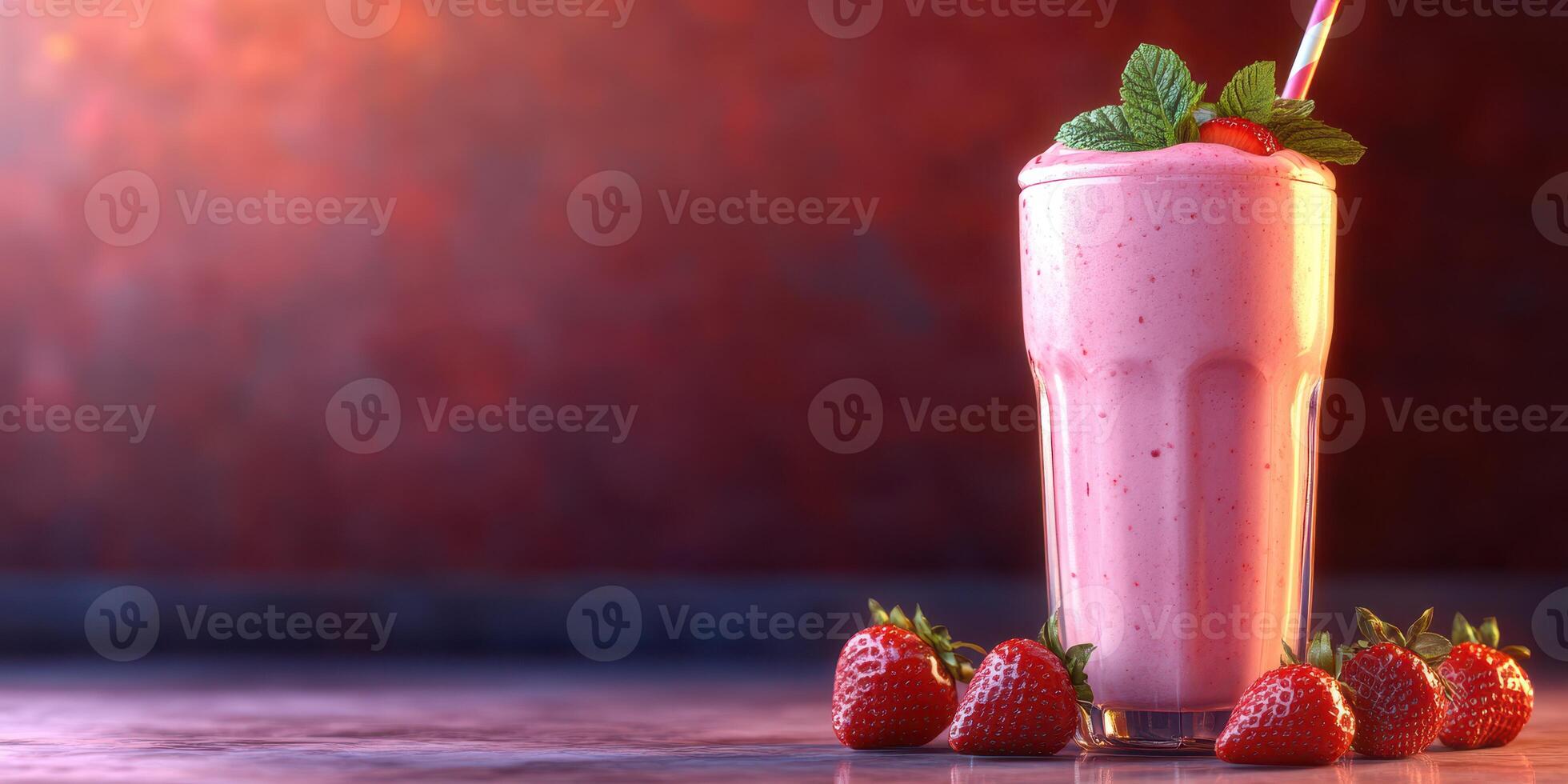 Fresh strawberry smoothie served in a tall glass with fresh strawberries on the side and colorful background photo