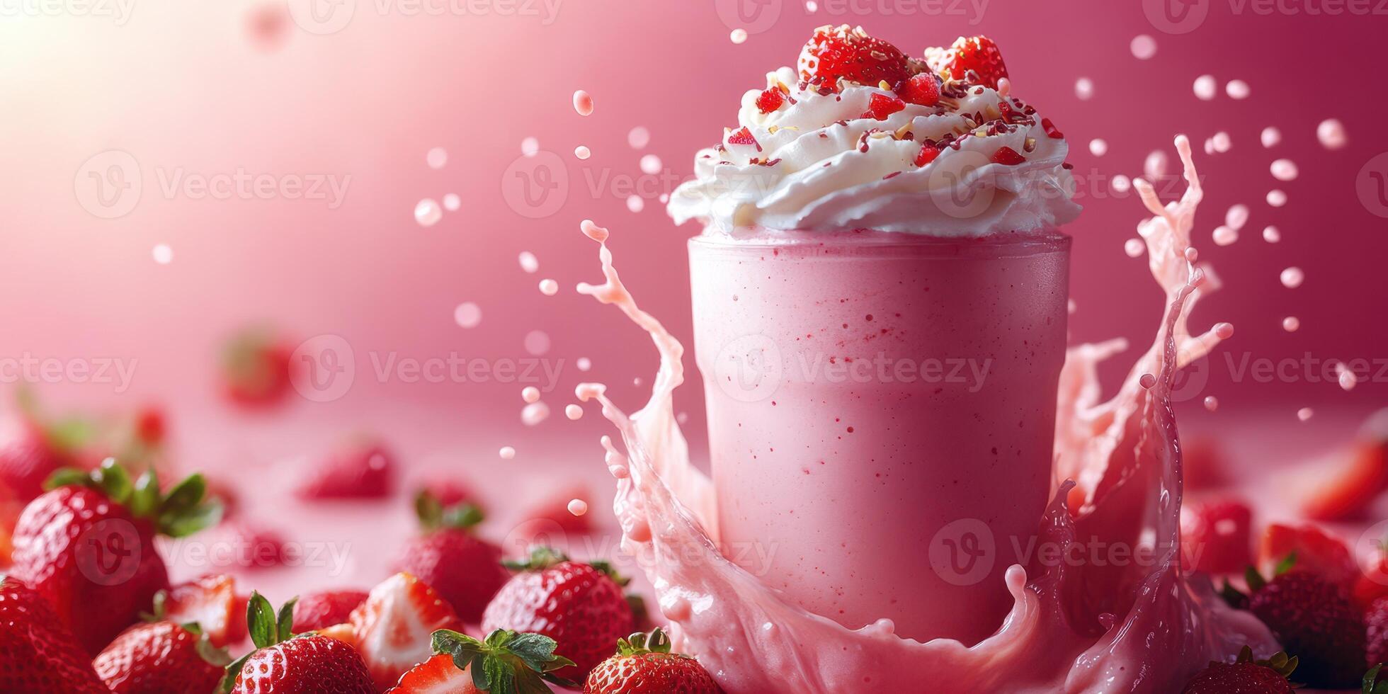 Strawberry milkshake with whipped cream and fresh strawberries creates a vibrant splash in a playful setting photo