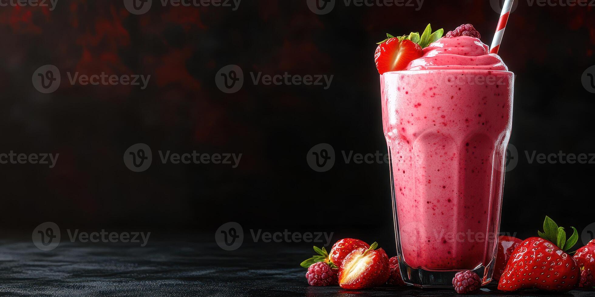 Delicious berry smoothie served in a tall glass with fresh strawberries and raspberries on a dark backdrop photo