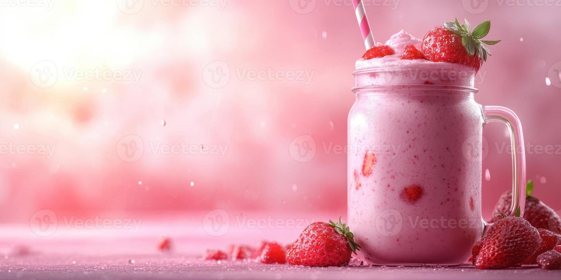 Refreshing strawberry smoothie served in a mason jar with fresh strawberries on a wooden table during a soft focus pink background photo