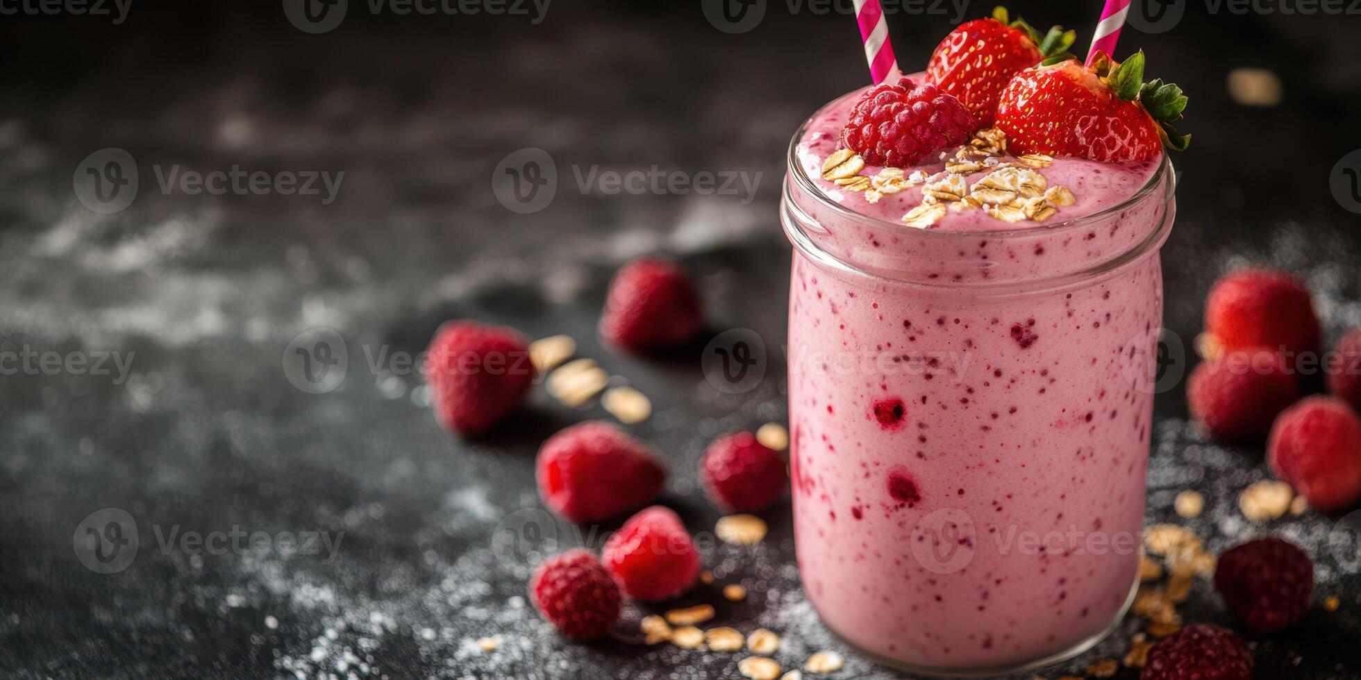 Refreshing raspberry smoothie with oats and strawberries in a glass jar on a dark textured surface photo