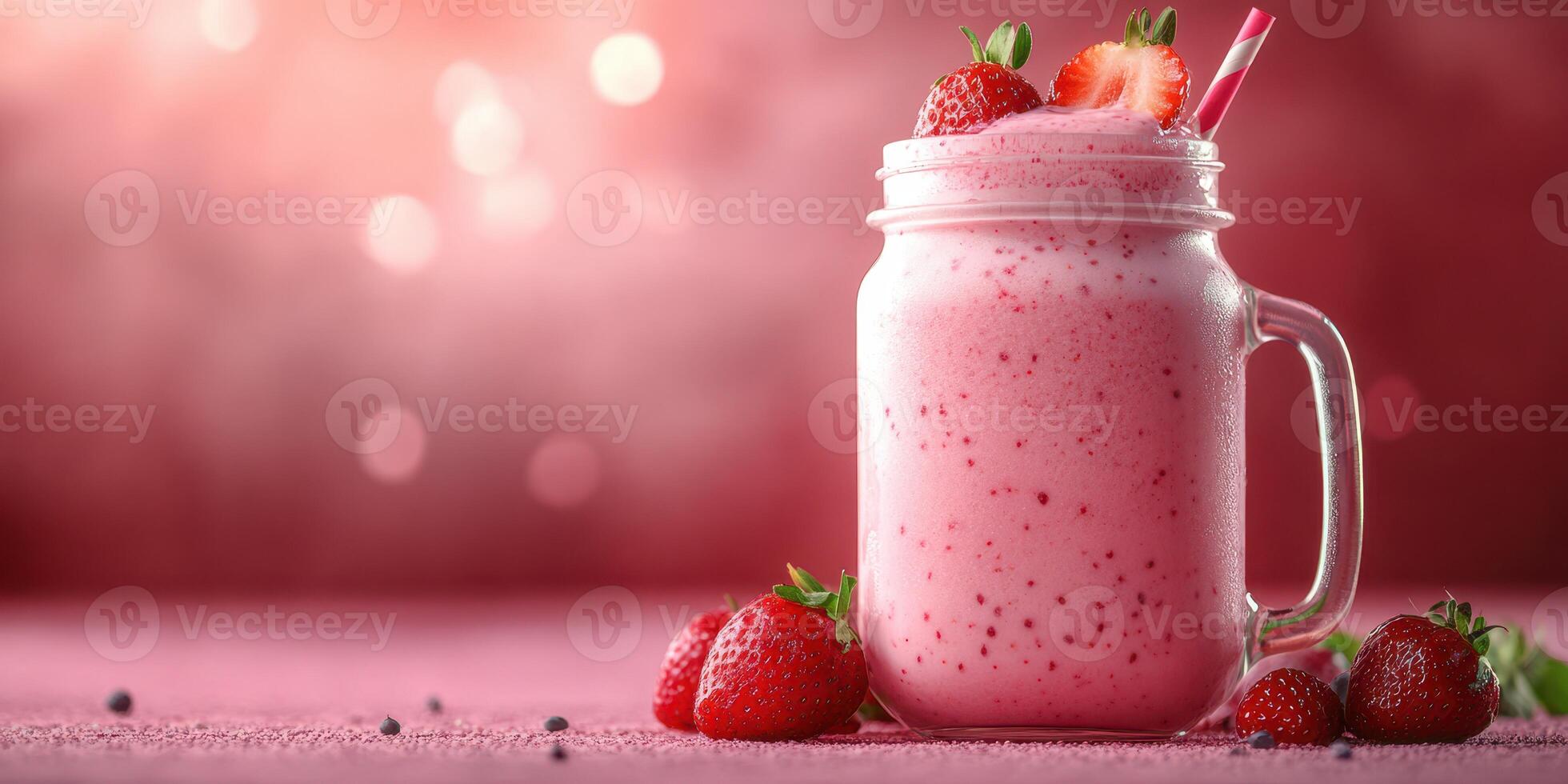 Refreshing strawberry smoothie in a jar with fresh strawberries on a pink background photo