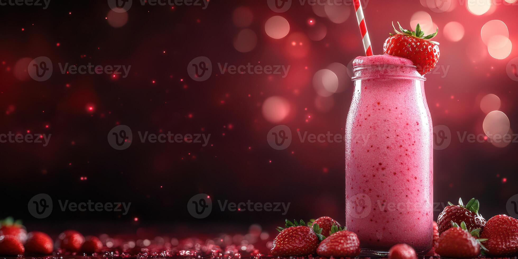 Delicious strawberry smoothie in a jar garnished with fresh strawberries on a blurred background photo