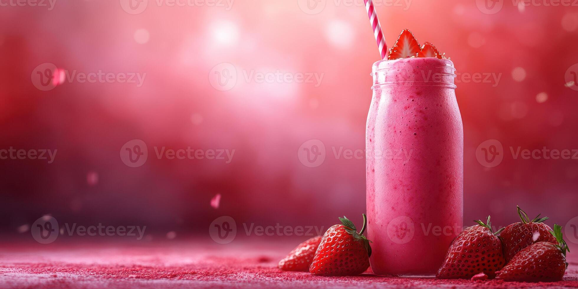 Refreshing strawberry milkshake in a mason jar with fresh strawberries on a colorful background photo