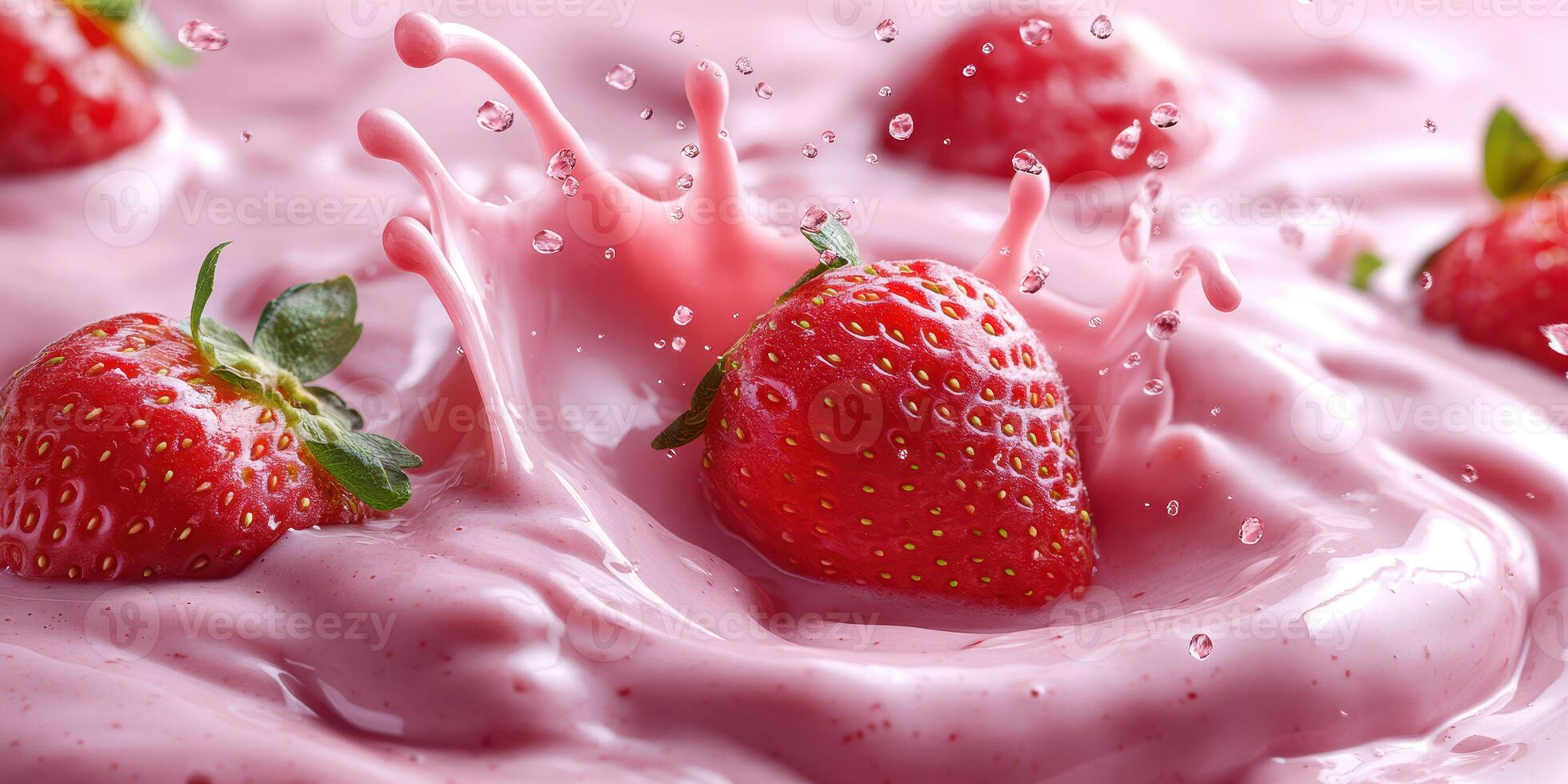 Fresh strawberries create splashes in creamy pink mixture during vibrant dessert preparation photo