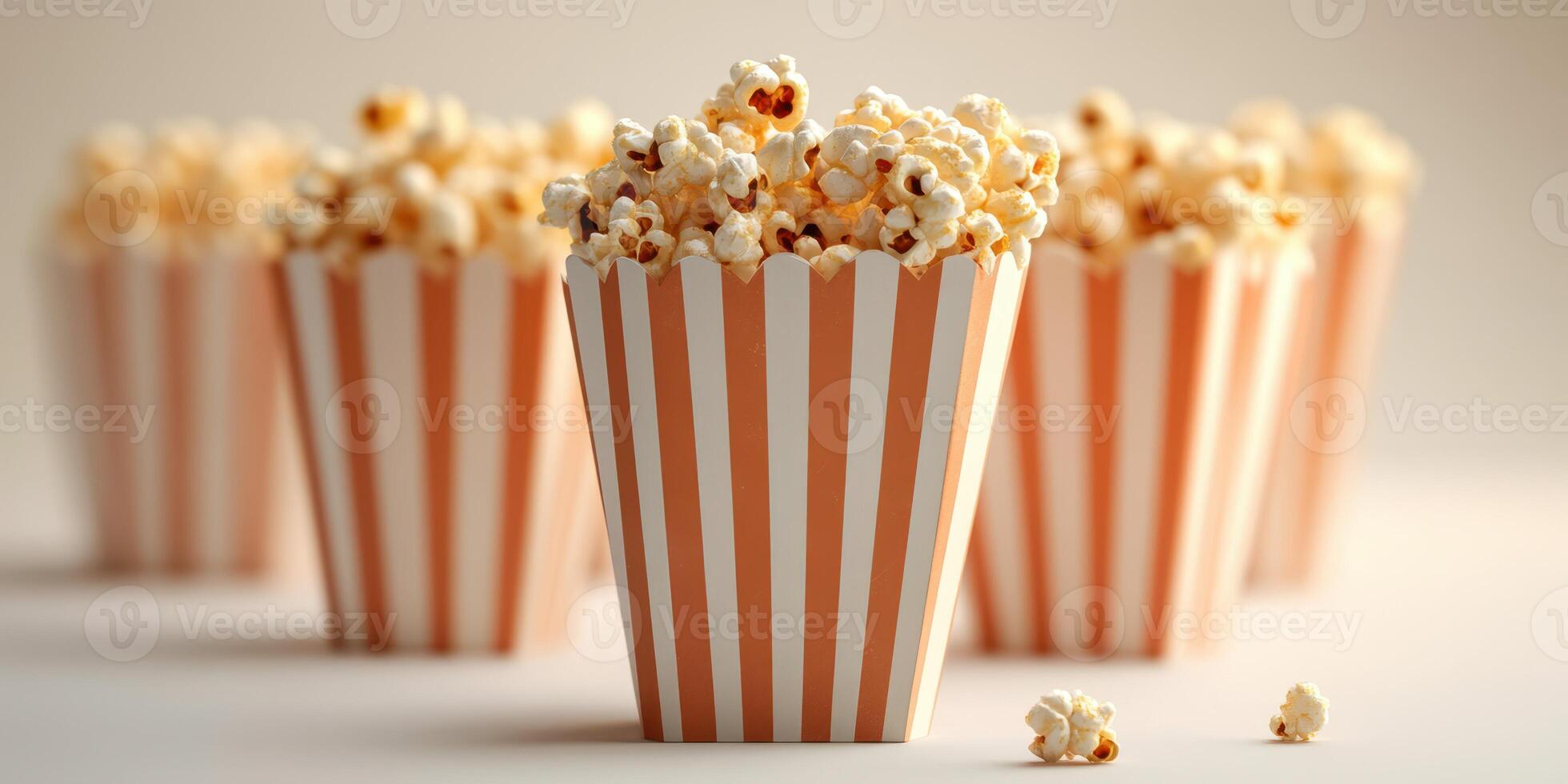 Freshly popped popcorn in stylish striped containers ready for movie night in a cozy setting photo