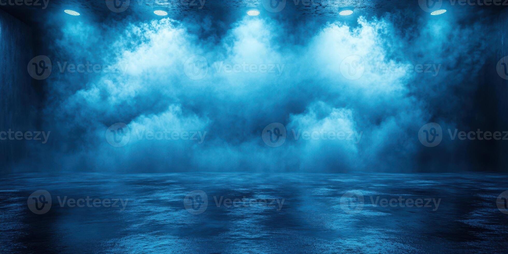Mysterious blue fog envelops a darkened stage, creating an atmospheric setting for performance or event photo