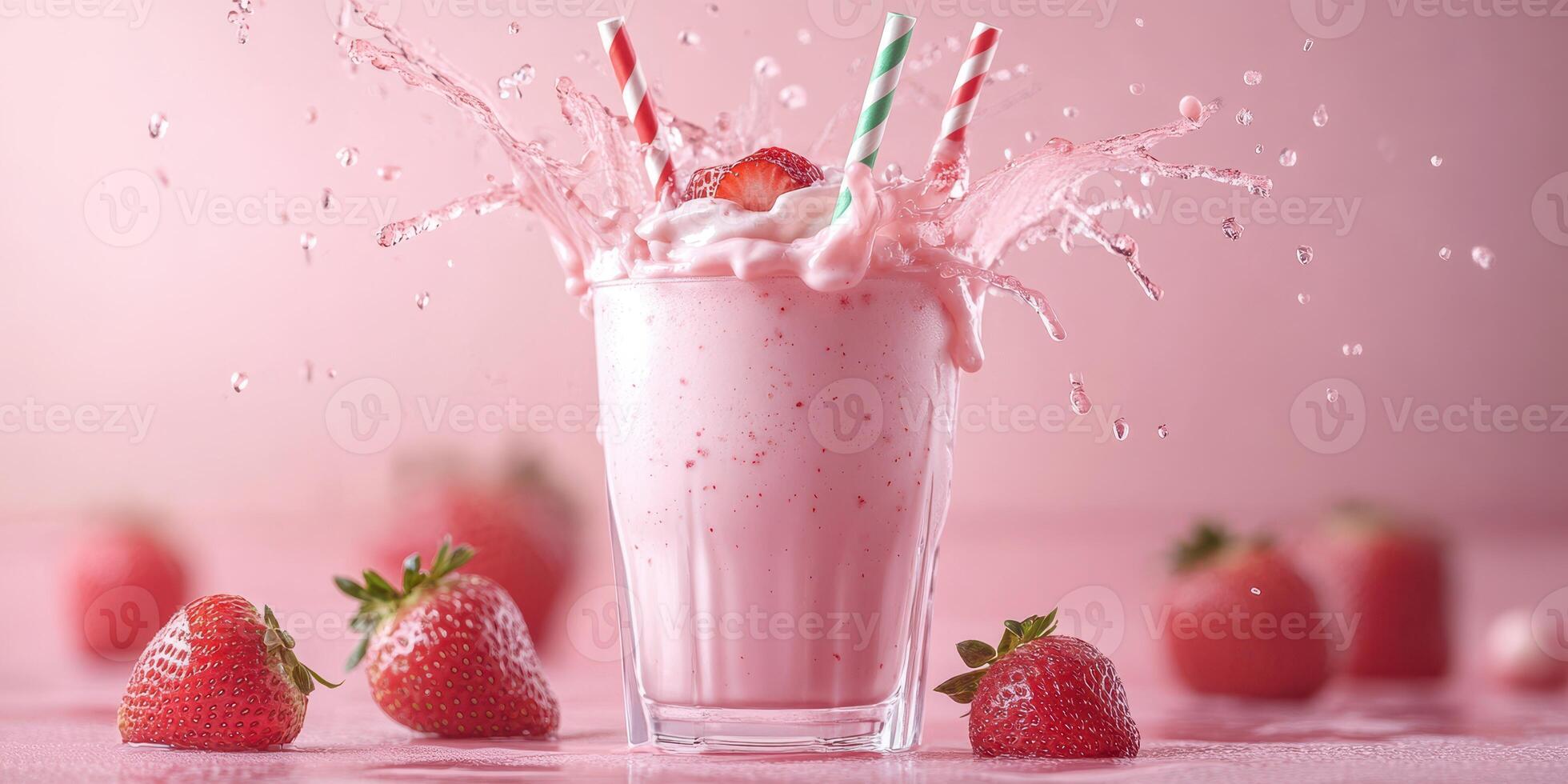 Refreshing strawberry milkshake with splashes captured in vibrant pink setting photo