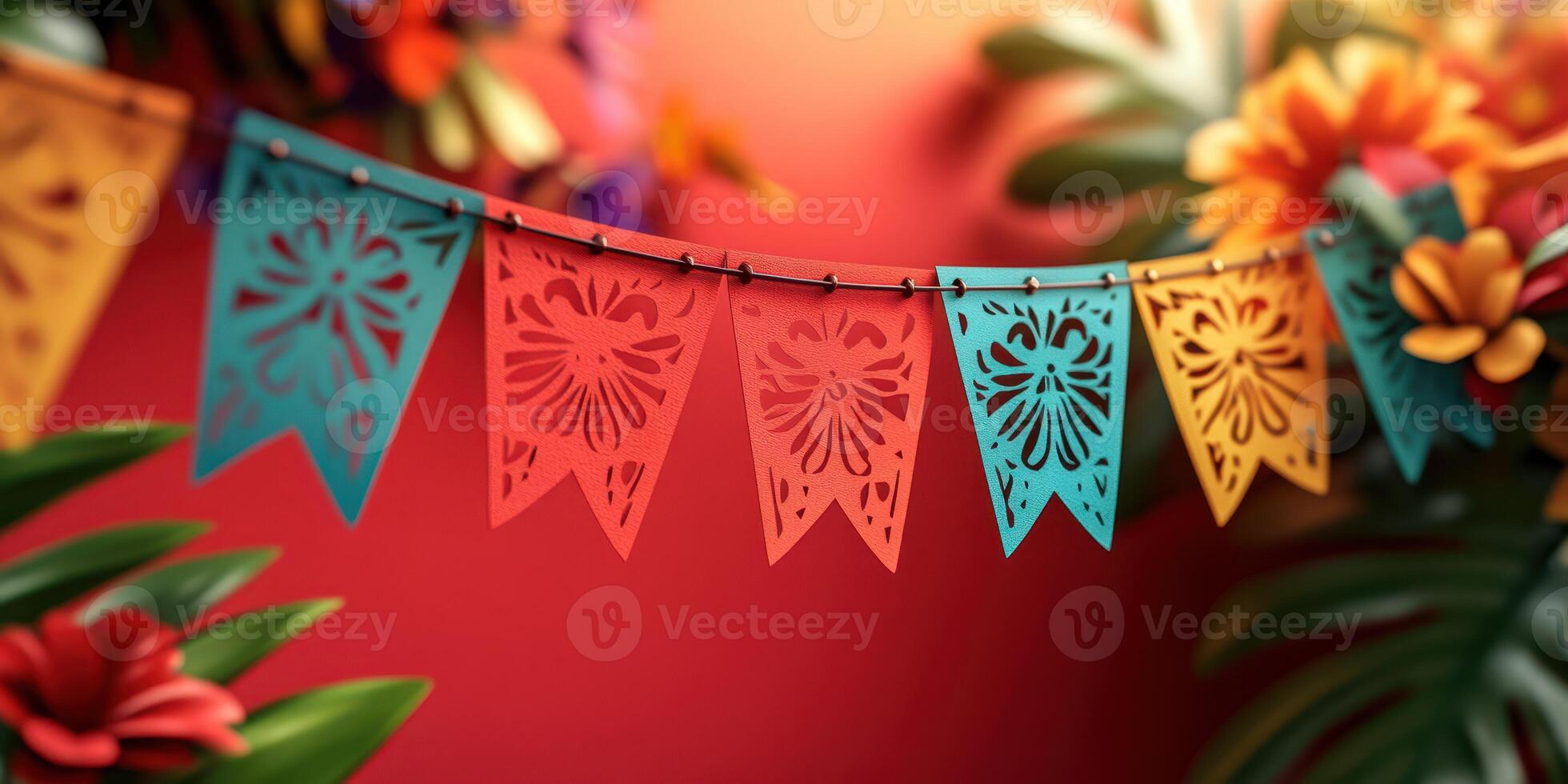 Colorful papel picado decorations create a festive atmosphere in a vibrant setting filled with flowers and greenery photo