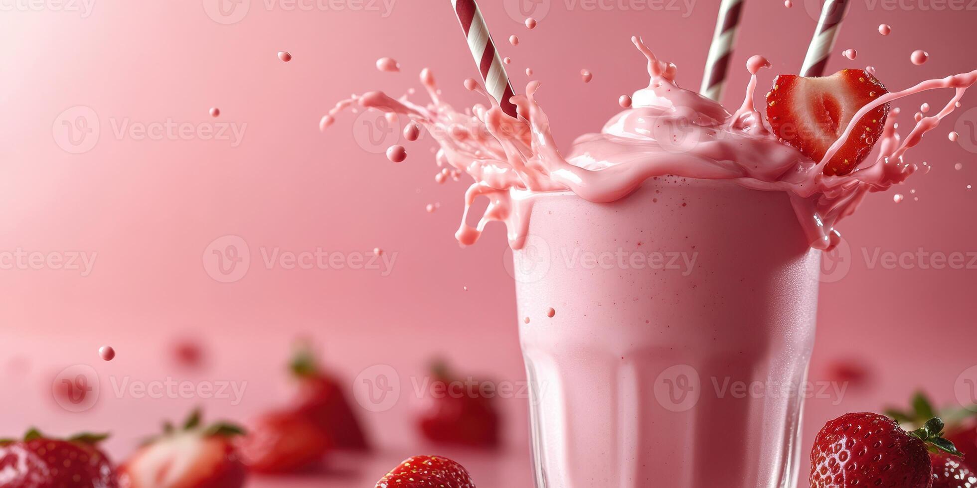 Strawberry milkshake with splashes and fresh strawberries on a pink background in a summer setting photo