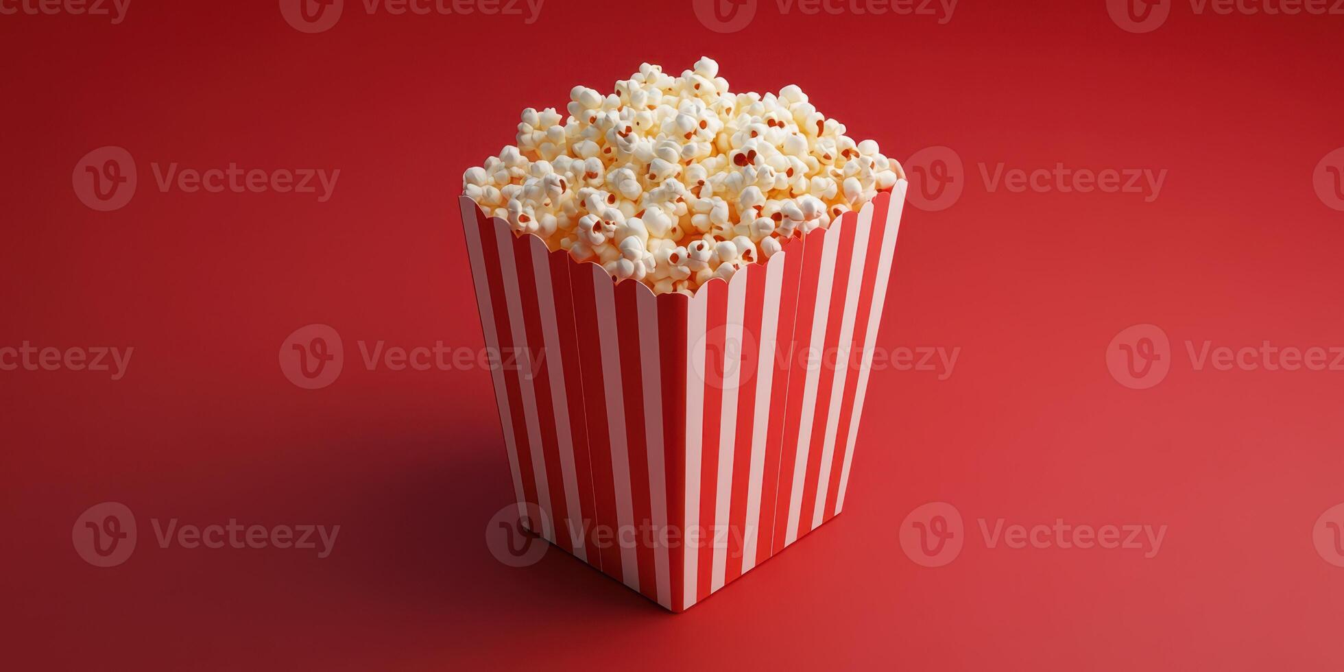 Popular snack for movie nights showcasing a red striped bucket filled with popcorn against a vibrant background photo