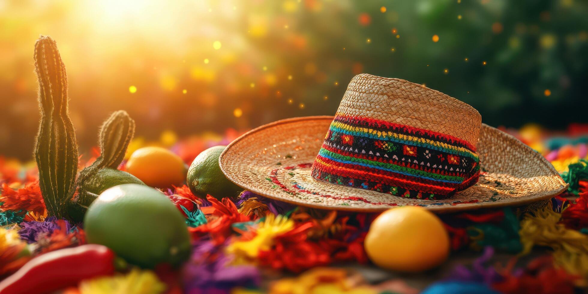 Colorful sombrero resting on vibrant flowers and fruits at a sunny outdoor celebration with cacti in the background photo