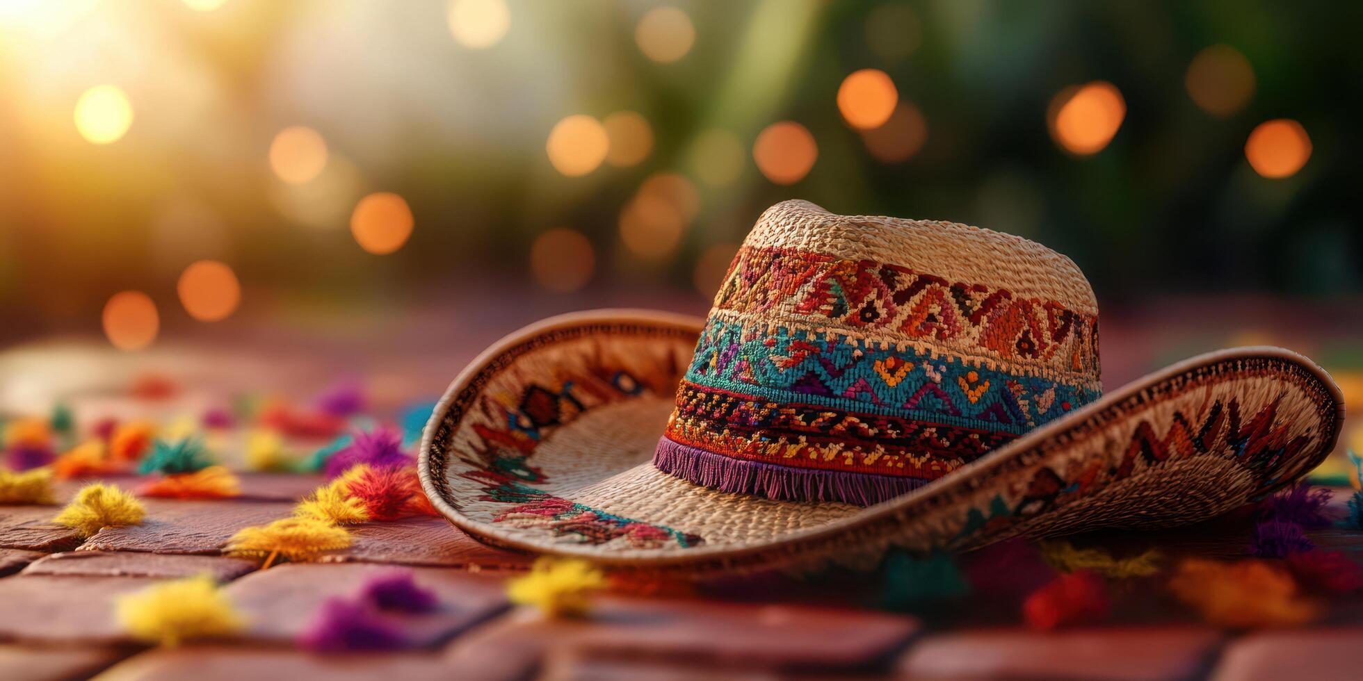 Vibrant traditional hat placed on a colorful surface during a festive celebration in a garden setting photo