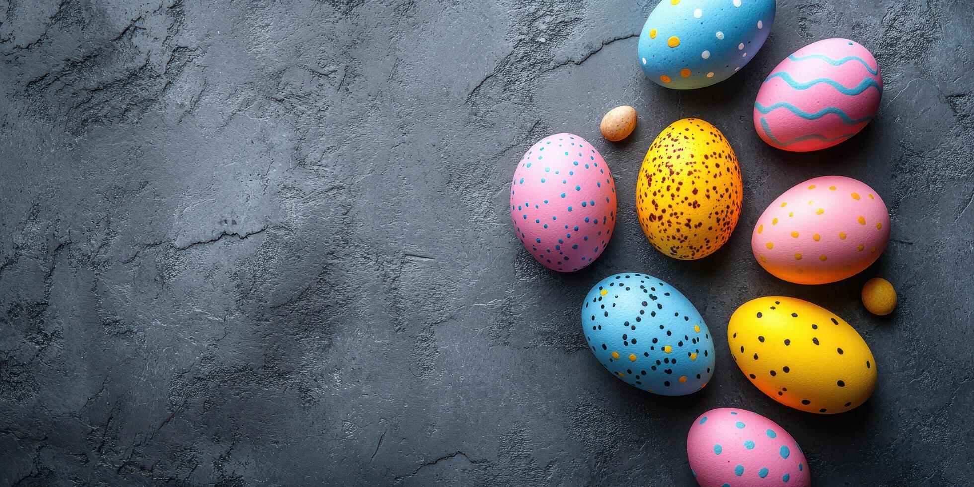 Brightly colored easter eggs arranged on a textured dark surface for festive spring celebration photo