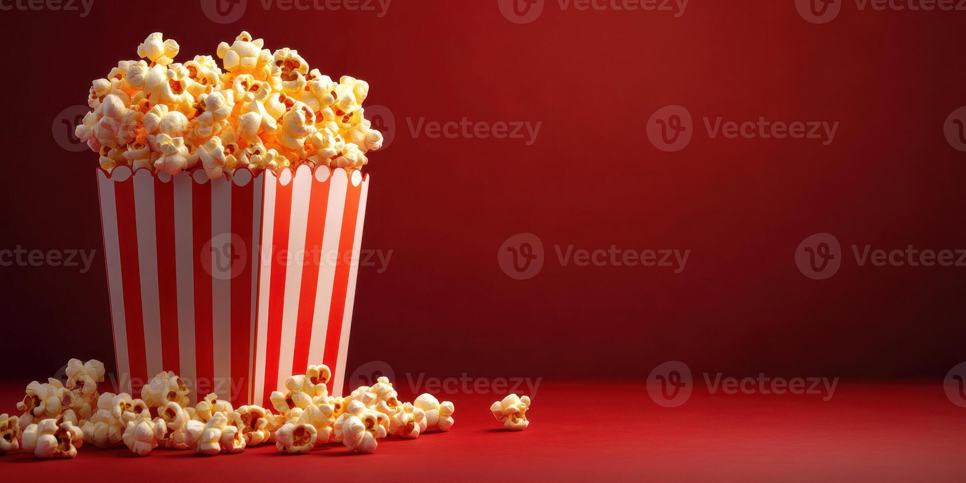 Colorful popcorn bucket filled with buttery popcorn set against a vibrant red background photo