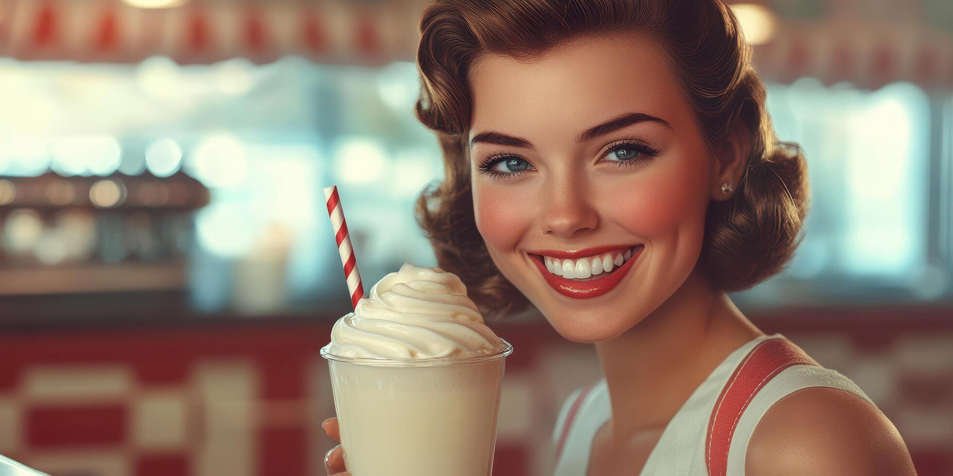 Retro diner setting with a cheerful young woman enjoying a milkshake in a nostalgic atmosphere photo