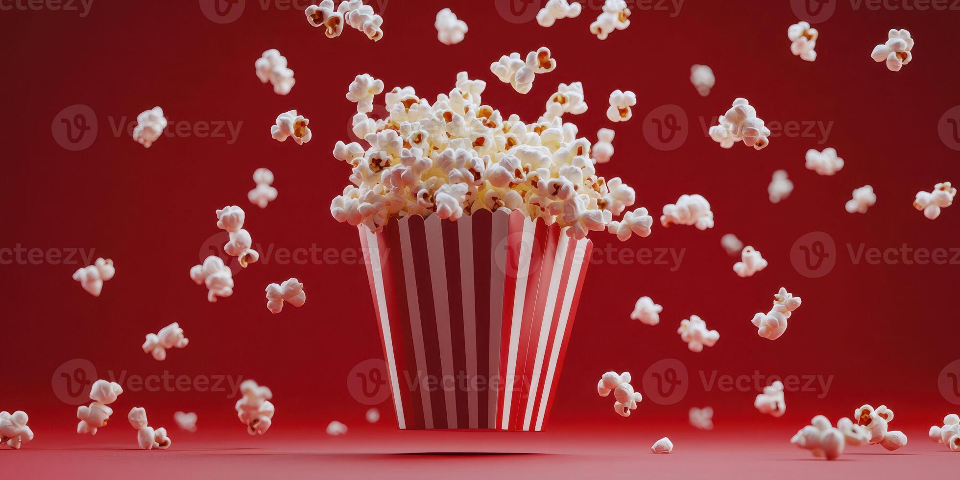 Popcorn overflowing from a classic striped container against a vibrant red backdrop photo