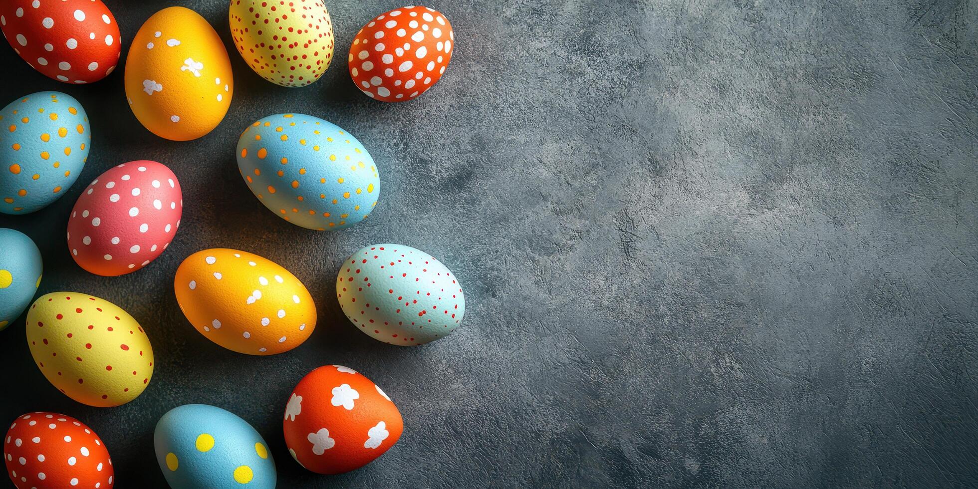 Colorful decorated eggs arranged on a gray background for spring celebration and Easter festivities photo
